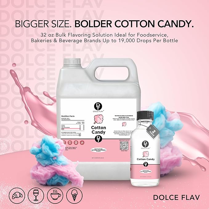 Dolce Flav Cotton Candy Extract – 32 Ounce Water-Soluble Kosher, Sugar-Free, Concentrated Carnival-Style Flavoring for Baking, Frostings & Drinks