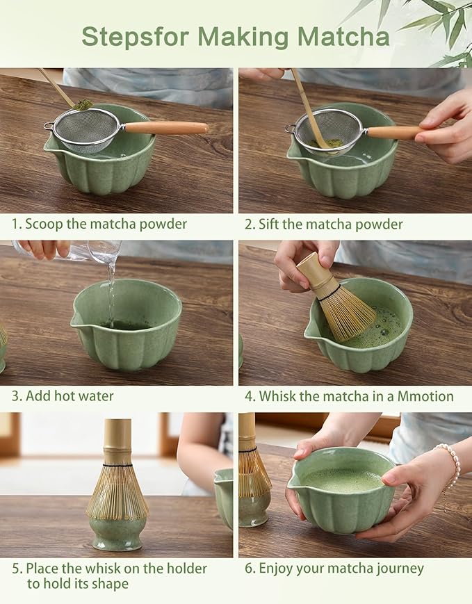 Matcha Whisk Set, 7 Pcs, Matcha Kit Includes Matcha Bowl, Matcha Whisk and Holder, Bamboo Scoop, Spoon, Sifter and Tea Towel, Matcha Set, Gift for Matcha Lovers & Beginners (Matcha Green)