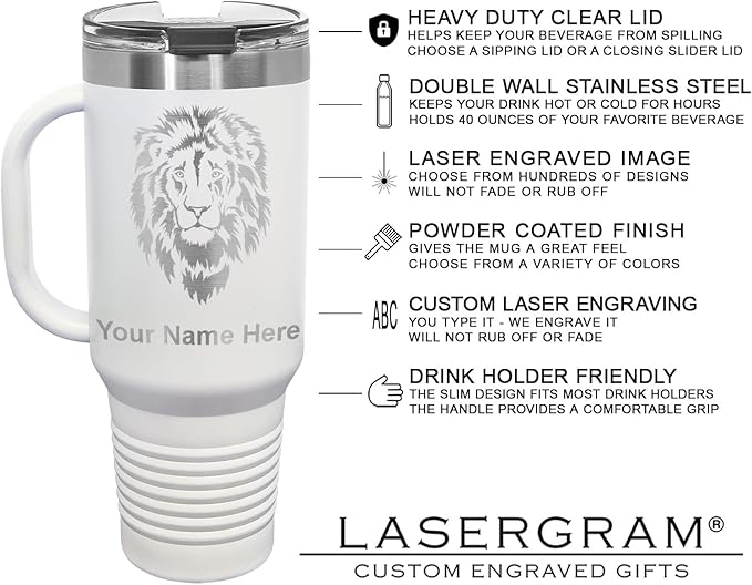 LaserGram 40oz Vacuum Insulated Travel Mug with Handle, Tiki Statue, Personalized Engraving Included (White)