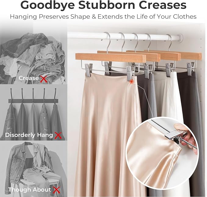 HOUSE DAY Wooden Pants Hangers with Clips, Solid Lotus Deluxe Wood Skirt Hangers, Heavy Duty & Anti-Rust Hook for Wrinkle-Free Slacks, Skirts, Jeans, Space Saving for Closet 20 Pack (Natural)