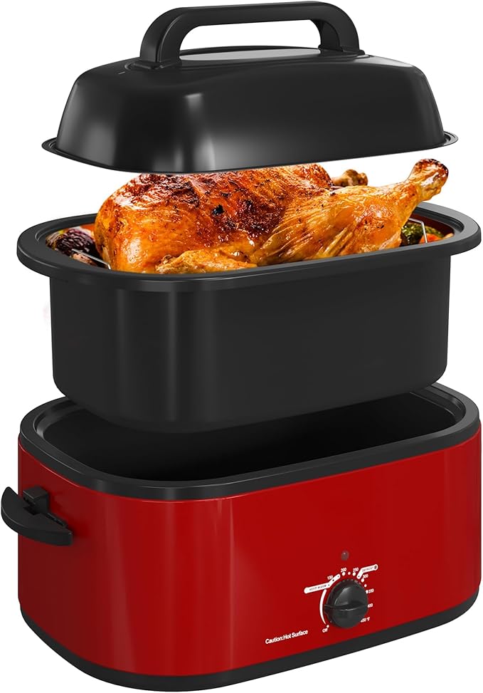 RoyalCraft 24-Quart Electric Roaster Oven with Visible Self-Basting Lid, Turkey Roaster Oven with Removable Pan and Rack, Perfect for Large Meals and Holiday Feasts, Red