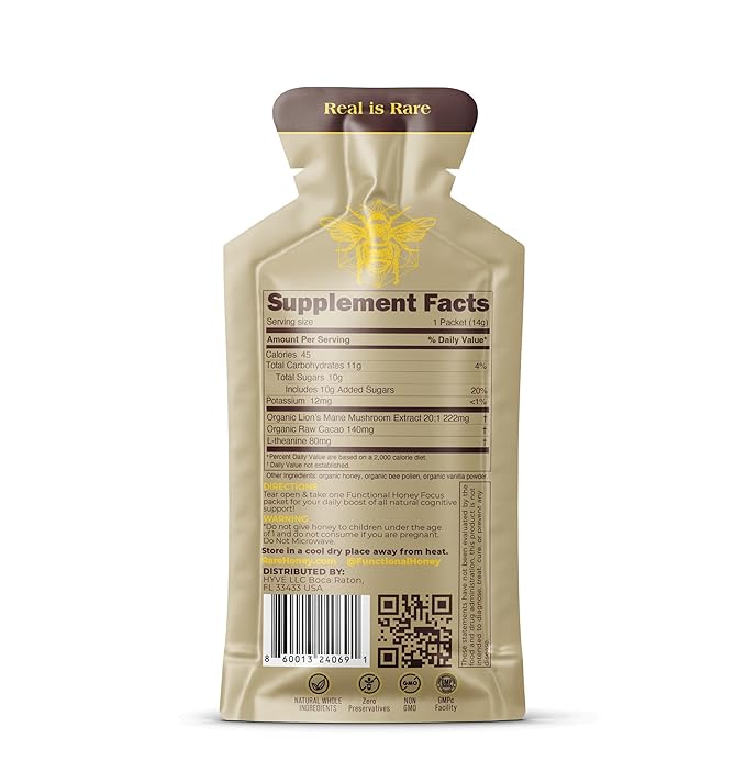 HYVE Mind Functional Honey – Focus & Memory Organic Honey with Lion's Mane Mushrooms, Raw Cacao, Bee Pollen & L-Theanine – Cognitive Support, 15 Packets