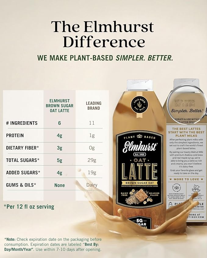 Elmhurst 1925 Brown Sugar Oat Milk Latte – Plant-Based, Vegan, Dairy-Free Latte Made of Whole Grain Oats, Cold Brew Premium Arabica with 95mg Caffeine & Real Brown Sugar – 25.4oz (Pack of 6)