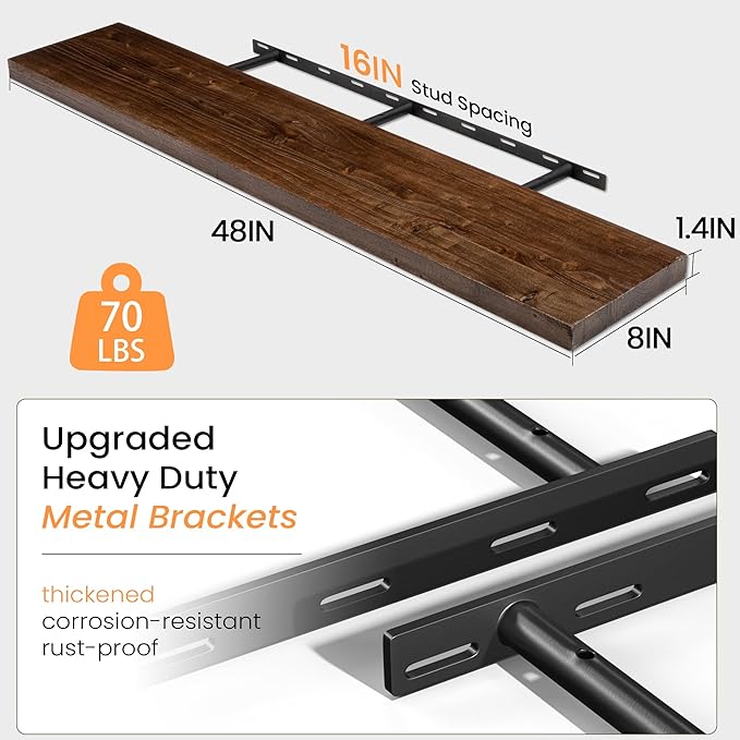 Fun Memories 48" Floating Shelves for Wall, Rustic Solid Elm Wood Floating Shelves - Invisible Bracket Mount, Extra Long Wall Mounted Shelf for Living Room, Bathroom, Bedroom, Kitchen, Walnut