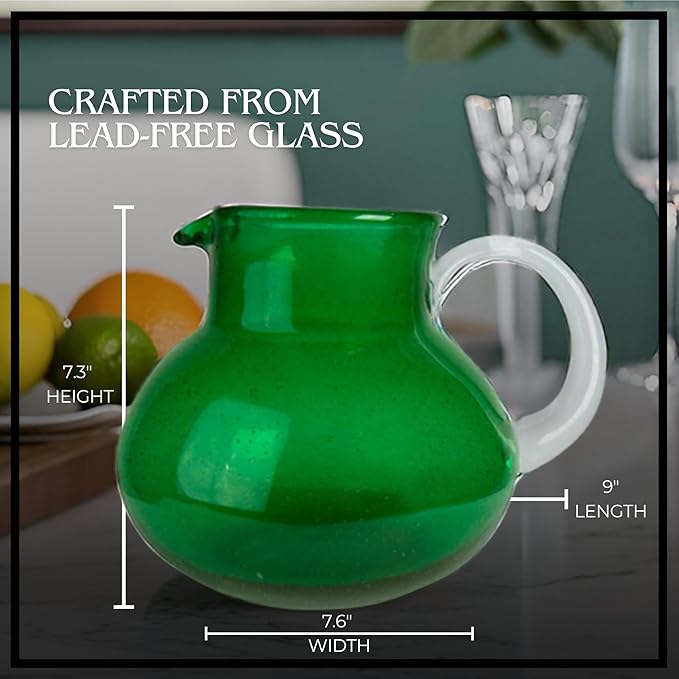 Artland Iris 90 Oz Handblown Glass Pitcher - Bubble Shape, Lead-Free - Versatile Drink Dispenser for Water, Juice, Cocktails - Enhanced Kitchen Decor, Dishwasher Safe (Green)