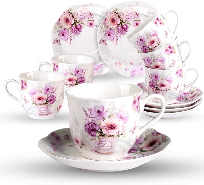 GuangYang 7 oz Porcelain Tea Cups and Saucers set of 6,Purple Fancy Floral Pattern (Perfect for Cappuccino, Flat white Coffee, Americano, Hot Tea, or Desserts)