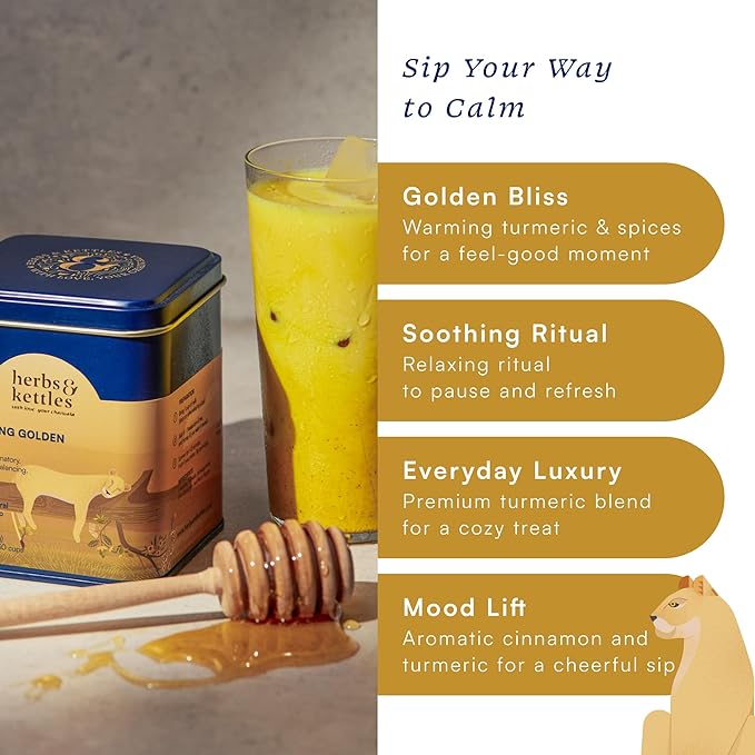 Herbs & Kettles Calming Golden Turmeric Latte | Caffeine-Free Blend with Turmeric, Ashwagandha & Spices | 25-30 servings | Ayurvedic Drink for Warming, Soothing & Wellness | Golden Latte Mix, 1.76 oz | Enjoy Hot or Iced