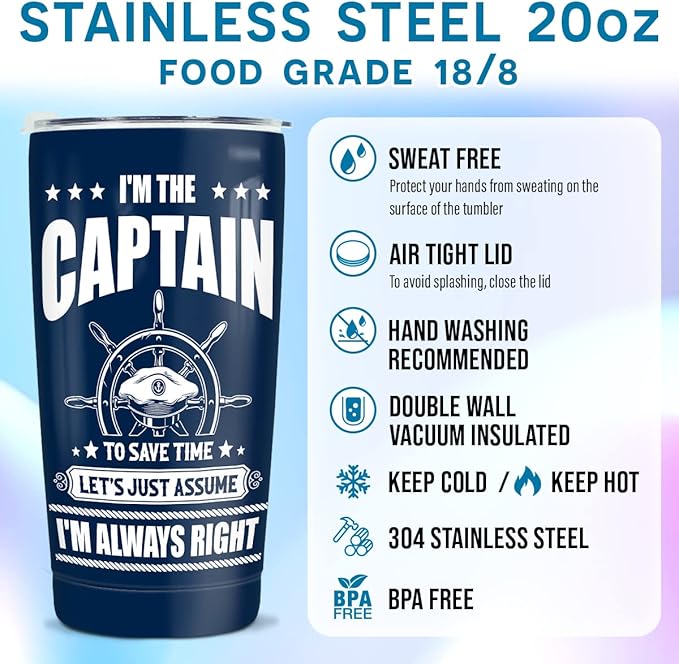 winorax Captain Tumbler I'm The Captain & I'm Always Right Boating Tumbler Cup with Lid 20oz Boater Gifts For Men Boat Lover Gift For Boats Owner Dad Funny Boaters Gift Ideas