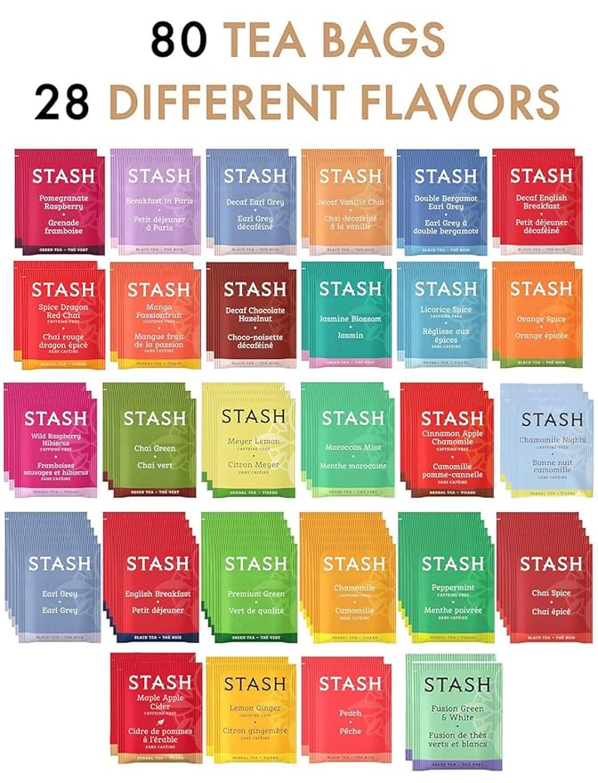 Tea Bags Sampler Gift Box – 80 Count, 28 Flavors – Wooden (MDF) Tea Organizer in Walnut – Variety Pack for Mom, Dad, Friends, Coworkers, Students, Men & Women
