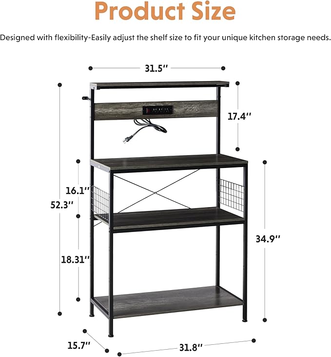 Simple Deluxe Kitchen Bakers Rack with Power Outlet, Coffee Bar Accessories Table, 4-Tier Adjustable Storage Shelf for Spices, Freestanding Appliance Organizer, 31.5 Inch, Gray