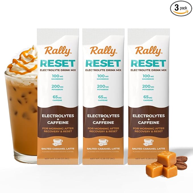 Rally Reset Trial Pack Morning Recovery Drink – Salted Caramel Latte Electrolyte Mix with Caffeine, Magnesium & Potassium | Hydration Energy Powder for Travel | 3 Stick Trial Pack