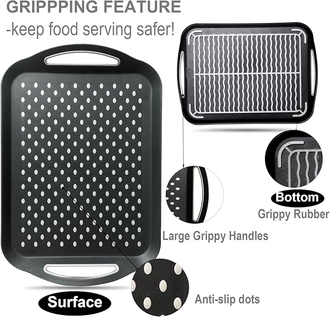 Larger Nonslip Food Serving Tray, 17.9'' x 12'' Grippy Handles Surface Bottom Design, Perfect Trays for Eating, Lap, TV, Couch, Black, Set of 2