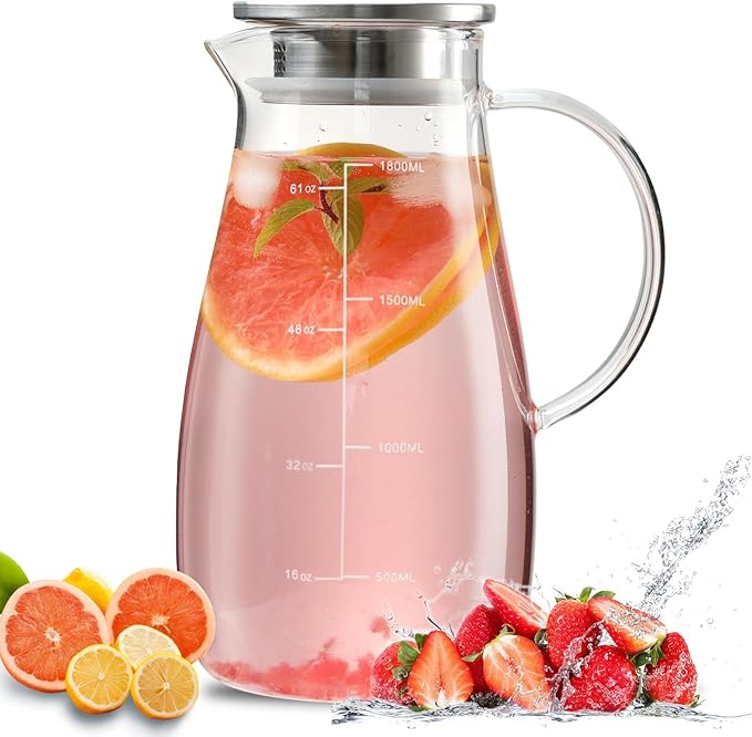 Glass Pitcher with Lid, 68 oz/2 Liter,Hand Blown Glass Water Pitcher and Precise Scale Line for Hot/Cold Beverages, Juice, Lemonade, and Milk, Heat Resistant,Christmas Gifts