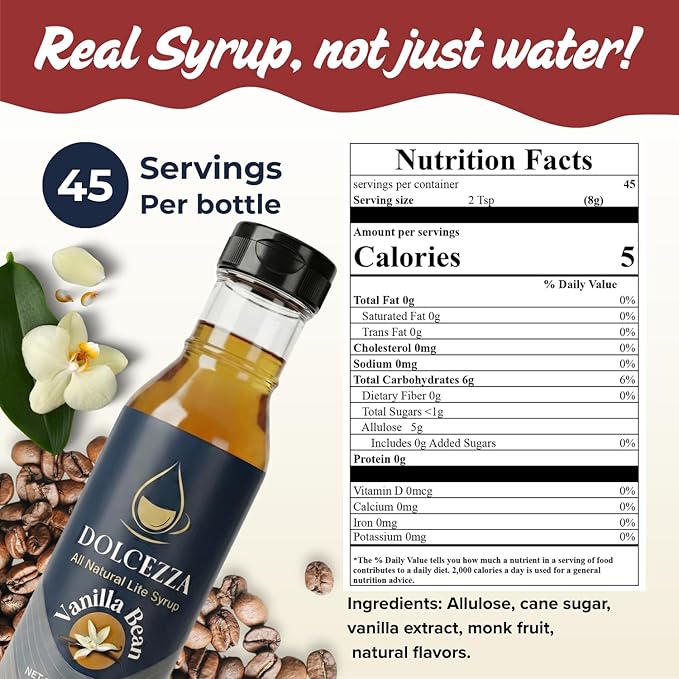 Dolcezza Vanilla Allulose Syrup, All Natural Low Sugar Sweetener for Coffee, Mixed Drinks and Baking. Keto Friendly, Monkfruit Blend, No Artificial Sweeteners, No Stevia Aftertaste. – 12 oz (12 fl oz, Vanilla)