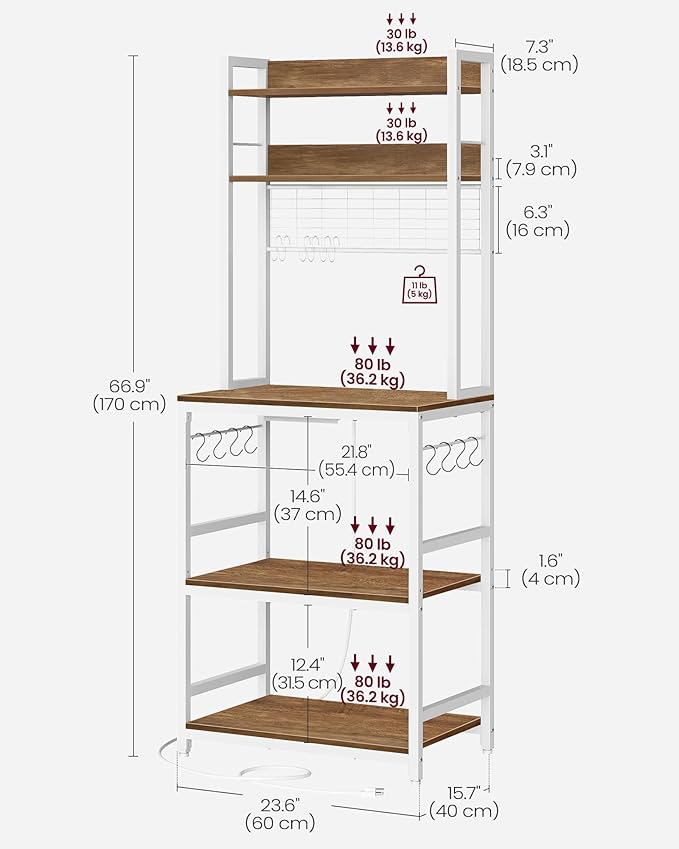 VASAGLE Bakers Rack with Power Outlet, Microwave Stand, Kitchen Tall Utility Storage Shelf, with Metal Wire Panel, 14 Hooks, 15.7 x 23.6 x 66.9 Inches, Rustic Walnut and Cloud White UKKS037W41