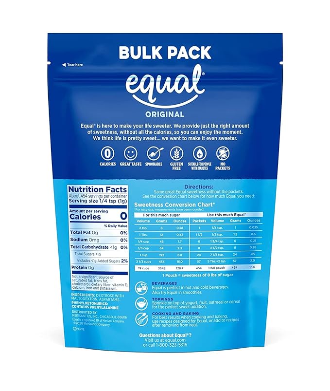 EQUAL 0 Calorie Sweetener, Powdered Aspartame and Acesulfame-K Sweetener, Zero Calorie Sugar Alternative, Erythritol Free, 1 Pound Bulk Bag (Pack of 1)