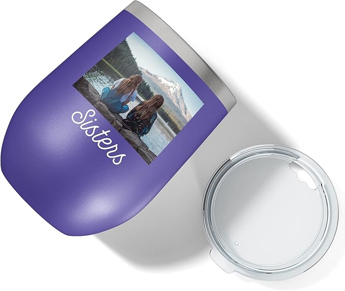 Personalized Mothers Day 12oz Photo Printed Insulated Stainless Steel Powder Coated Stemless Wine Tumbler with Lid, Customized Mom Gift Idea for Her, Custom Mum Coach Gifts Team (Purple)
