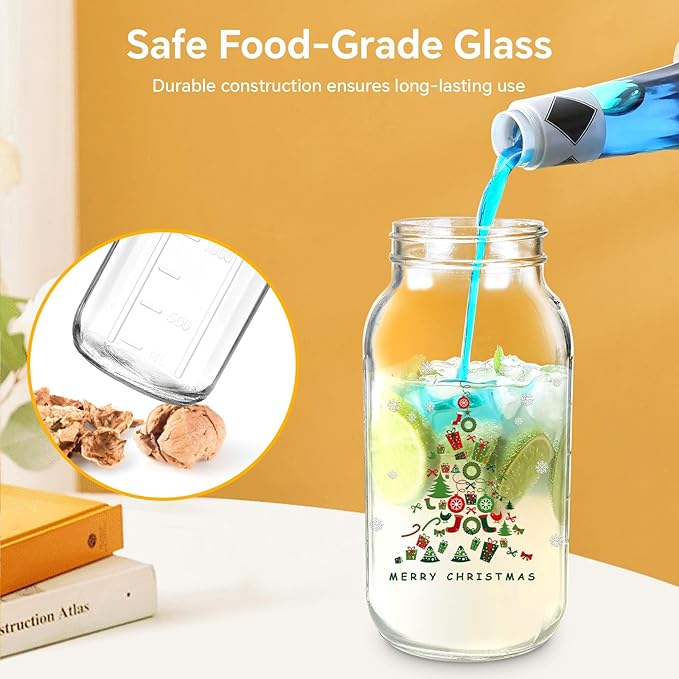 Mason Jar Pitcher, 63 OZ Glass Pitcher with Lid Double Leak-proof with Handle Water Jug Wide Mouth Breast Milk Pitcher Fridge Container for Water, Juice, Iced Coffee, Tea, Juice （Christmas tree）