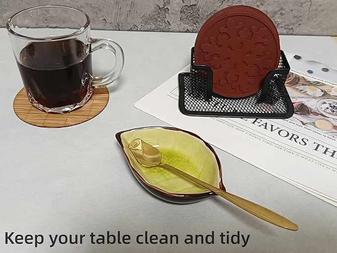 Coffee Spoon and Rest for Coffee Bar Accessories, Leaf Small Spoon Rest for Coffee Station, Tea Spoon Rest Tea Spoon Holder Teaspoon Rest, 1 PC (Ice Cracks Fall Yellow with Gold Rose Spoon)
