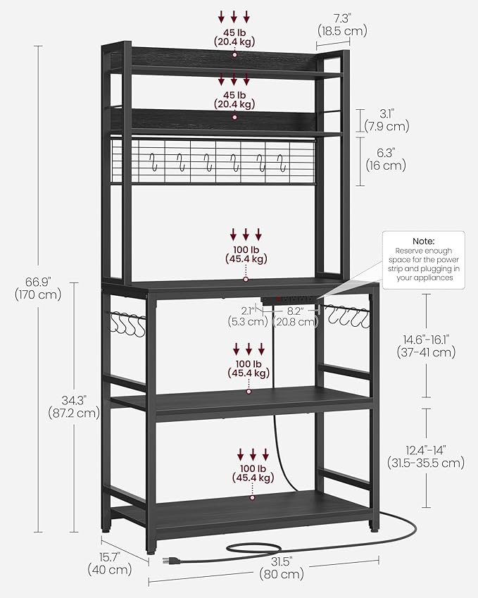 VASAGLE Bakers Rack with Power Outlet, Microwave Stand, Kitchen Tall Utility Storage Shelf, with Metal Wire Panel, 14 Hooks, 15.7 x 31.5 x 66.9 Inches, Charcoal Gray and Ink Black UKKS025B22