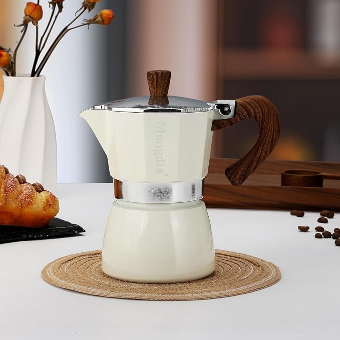 Mongdio Stovetop Espresso Maker Moka Pot, Cuban Coffee Maker Stove top coffee maker Moka Italian Espresso Greca Coffee Maker Brewer Percolator, 3 Espresso Cups, 5 oz - White
