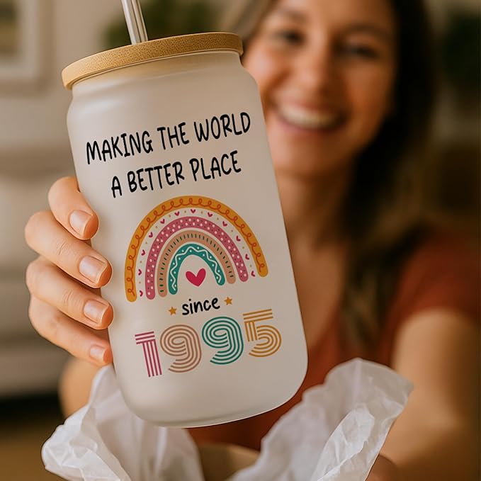 Vivulla68 30th Birthday Gifts For Women Men - 30 Year Old Gifts For Her Him - Thirty Birthday Ideas For Sister, Wife, Friend - 1995 Birthday Gift - 30th Frosted Glass Cup With Lid And Straw