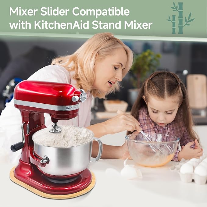 Mixer Slider Compatible with 5.5-8 QT Kitchen Aid Stand Mixers, Kitchen Countertop Storage Mover Sliding Caddy Mixer Slider Mat for Kitchen Aid Stand Mixer Accessories Attachment (Bamboo - Natura)