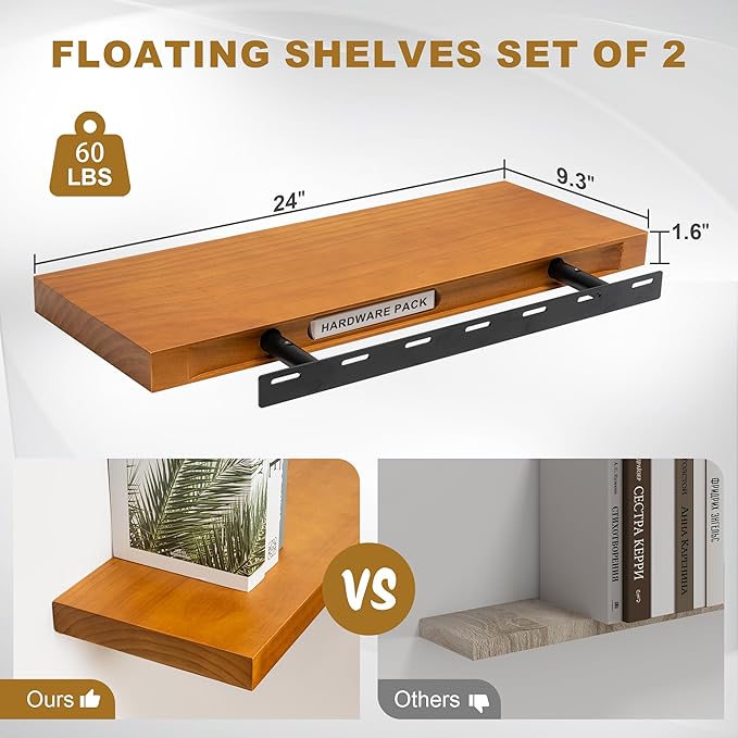 Fun Memories Floating Shelves, 9.3'' Deep Solid Pine Wood Wall Shelves for Storage, Wall Mounted Display Shelf with Invisible Heavy-Duty Metal Bracket, 24'' Width Set of 2, Honey Oak