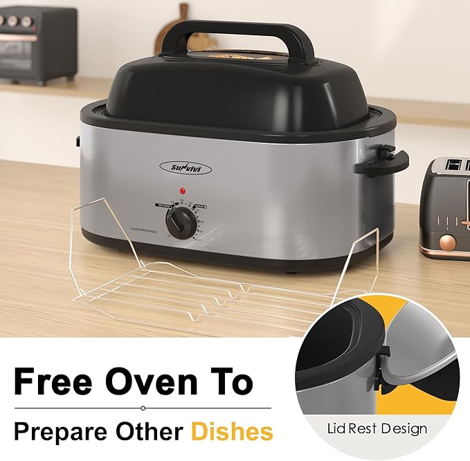 Sunvivi 28 Quart Electric Roaster Oven Turkey Roaster with Lid Electric Roasters with Removable Pan Large Roaster,Visible & Self-basting Lid, Fast Heating & Thaw/warming Setting,Silver