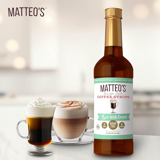 Matteo's Irish Cream Syrup for Coffee, Lattes, Cappuccinos & Desserts – Sugar-Free Sweetener for Beverages, Keto Friendly, Zero Calories, Indulgent Flavor, Non-Alcoholic, 33.8oz (6pk)