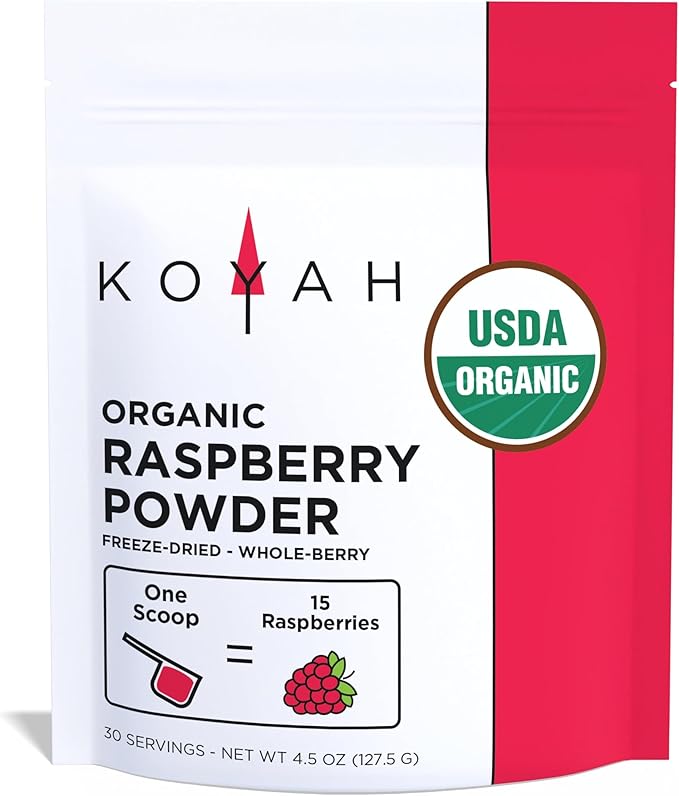KOYAH - Organic Raspberry Powder 30 Servings (1 Scoop = 15 Raspberries), Freeze-Dried, Whole-Berry Powder, Equivalent to 450 Raspberries