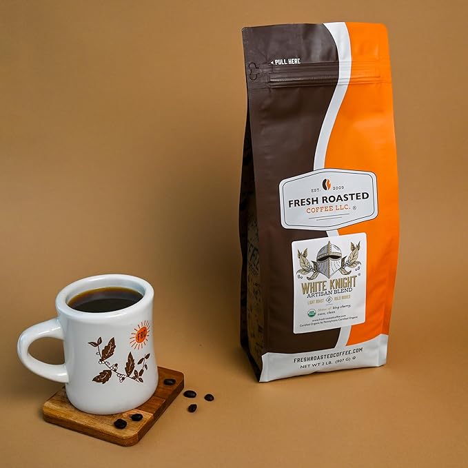 Fresh Roasted Coffee, Organic White Knight | USDA Organic, Kosher | Light Roast 2 lb (32 oz), Ground