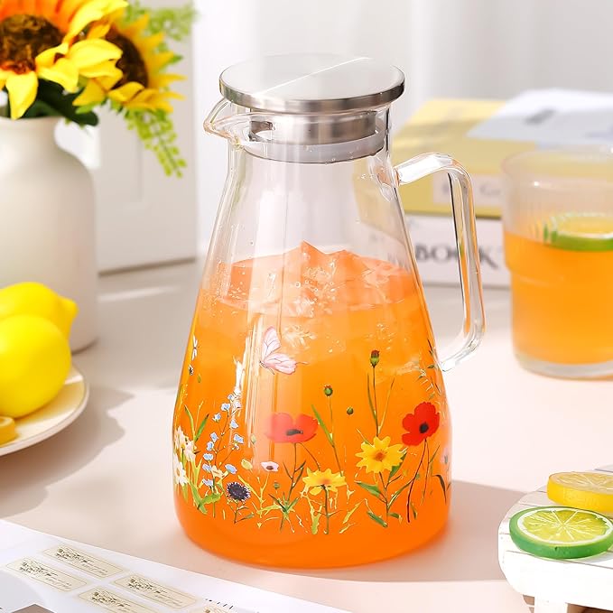 Domensi 74 oz / 2200 ml Glass Pitcher with Lid Water Pitcher with Handles Beverage Water Jar Glass Jug Hot and Cold Resistant Carafe for Tea Juice Milk Coffee Iced Beverage(Wild Flower)