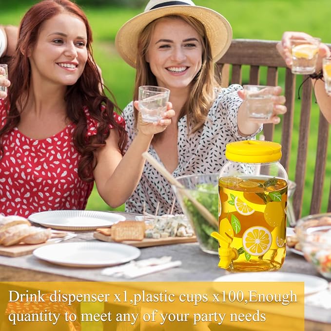 Havawish 2 Pcs 1 Gallon Plastic Beverage Dispenser with Spigot Clear Summer Kitchen Fridge Drink Dispenser for Parties Lemonade Juice Tea Beer Cold Water(Yellow,Circular Column)