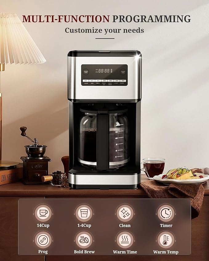 Kismile Coffee Maker, 14-Cup Programmable Drip Coffee Makers Machines with Timer, Reusable Filter & Keep Hot Plate, Auto Pause, Self-Cleaning, Stainless Steel