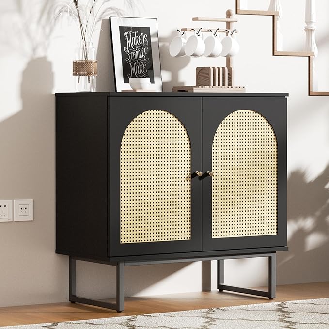 Sideboard Buffet Cabinet with Rattan Doors, Sideboard Cabinet with Metal Legs for Living Room, Hallway, Entryway (Black, 2 Doors)