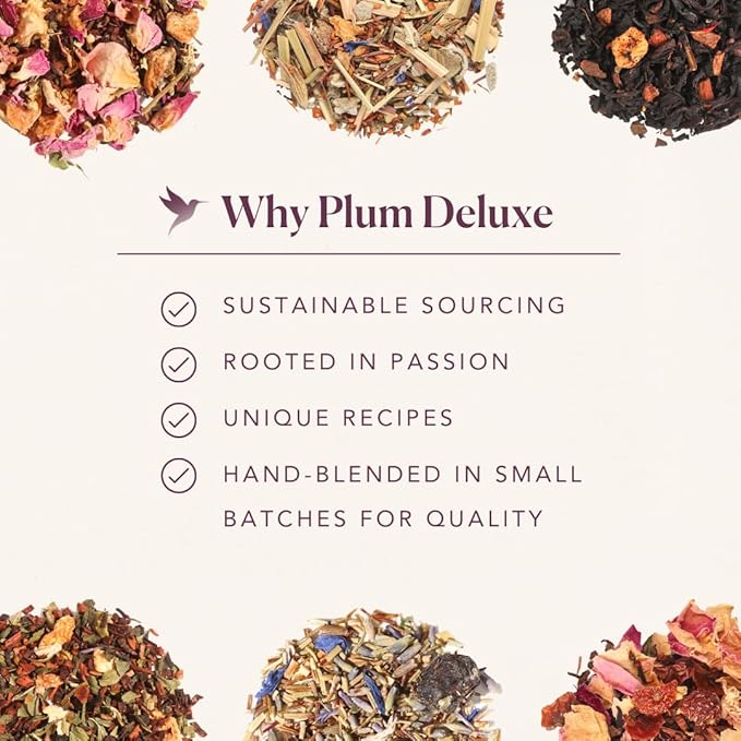 Loose Leaf Tea Sampler – 5 Caffeinated Blends Including Creme Brulee Earl Grey, Peach Oolong, Citrus Mint, Pecan and Floral Black – 75 to 100 Cups – Handcrafted in USA – Plum Deluxe