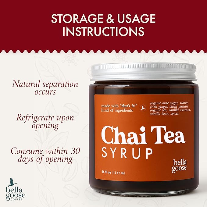 Bella Goose Chai Tea Syrup for Coffee (16oz) - Homemade Chai Tea Latte Syrup with Pure Cane Sugar, Vanilla & Spices - Clean Ingredient - No Artificial Flavors, Oils or Dyes Syrups for Coffee Drinks