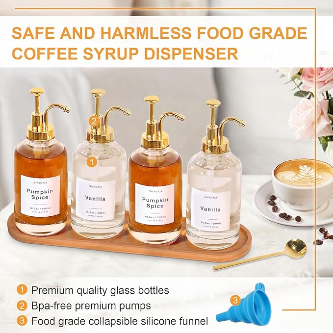 Coffee Syrup Dispenser for Coffee Bar, 16.9oz 500ml Glass Syrup Dispenser w Golden Coffee Scoop, Coffee Syrup Pump Dispenser w 36 Labels and Bamboo Tray, Coffee Syrup Bottles with Golden Pump, 4PCS