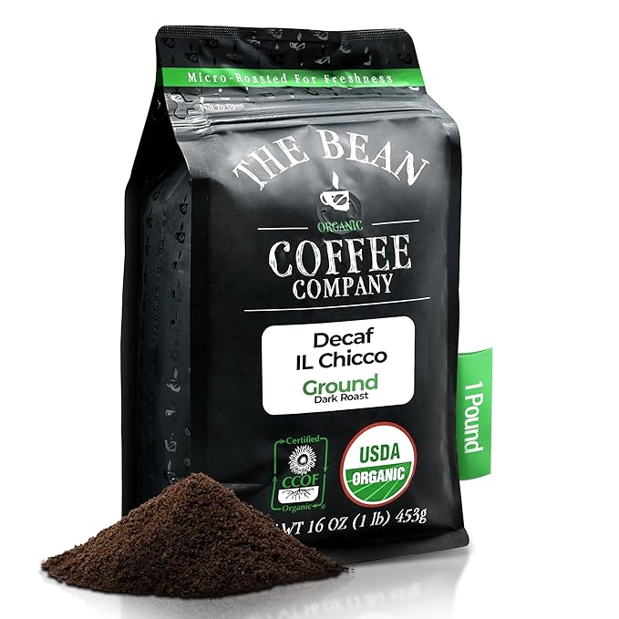 The Bean Organic Coffee Company Water Processed DECAF IL Chicco (Traditional Italian Roast), Dark Roast, Ground Coffee, 16-Ounce Bag, Café Molido Tostado Orgánico descafeinado