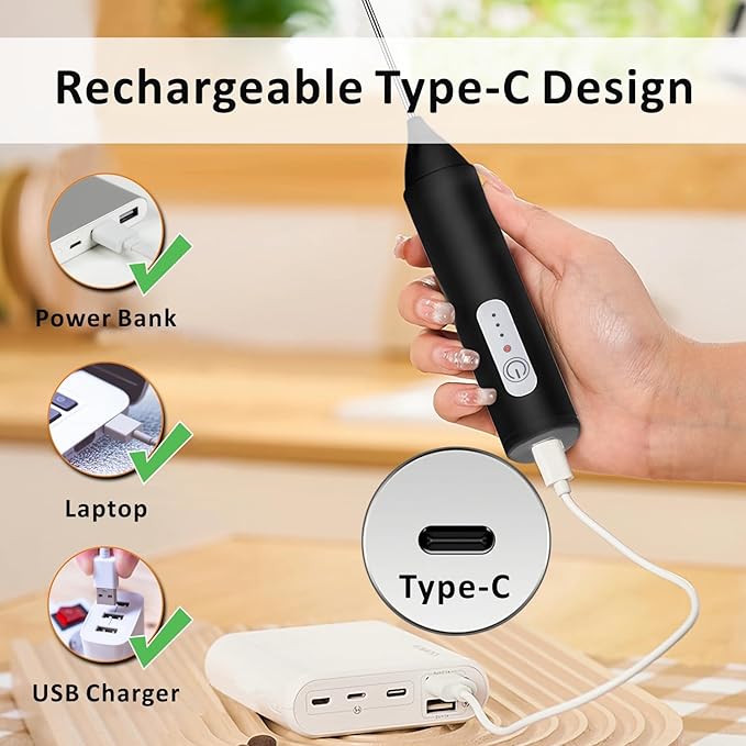 Rechargeable Milk Frother, Handheld Drink Mixer Electric Foam Maker for Coffee with Stainless Steel Whisk ＆ 3 Speeds, USB-C Coffee Frother Wand for Latte, Matcha, Protein Powder, Xmas Gift (Black)