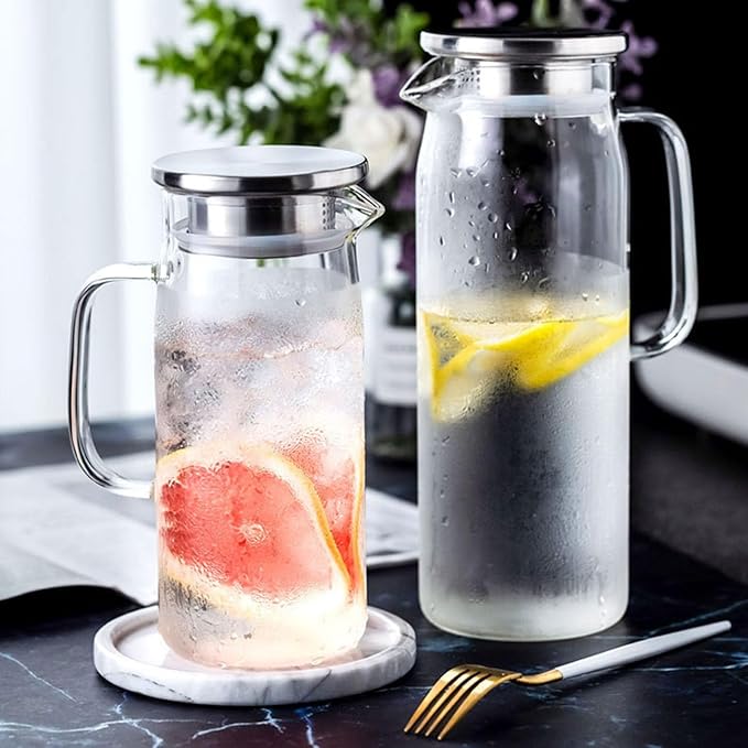 Glass Pitcher with Lid, 51Oz Heat Resistant Glass Water Carafe with Handle for Fridge, Pitcher for Iced Tea, Milk, Hot and Cold Beverage, Borosilicate Glass Juice Jug 1500ml