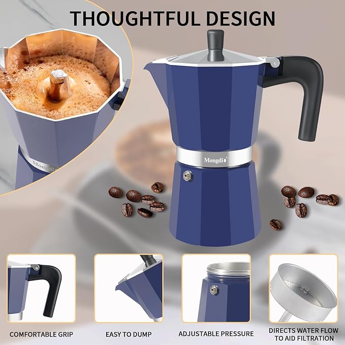Mongdio Stovetop Espresso Maker Moka Pot, Stove Top Cuban Coffee Maker, Italian Greca Mocha Pot, 12 Espresso Cups, 20 oz - Blue