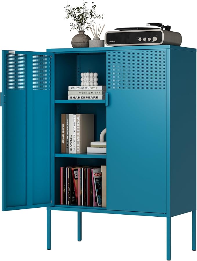Blue Metal Storage Cabinet - 3 Tier Steel Office Storage Cabinet with Doors and Shelves for Home, Office and Kitchen