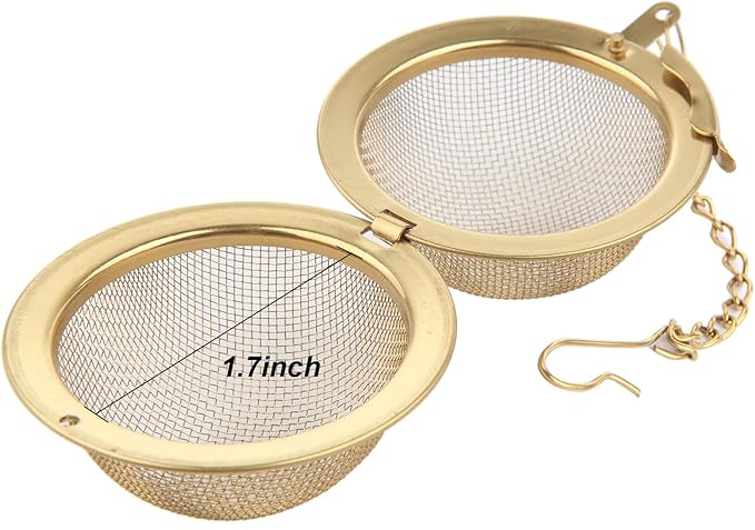 Tea Ball Infuser with Chain;; Premium Stainless Steel Fine Mesh Screen Tea Strainer Filters Colander Cullender Sieve Infusion Steeper Maker for Loose Leaf Tea Herbs, 2 Pieces, Golden