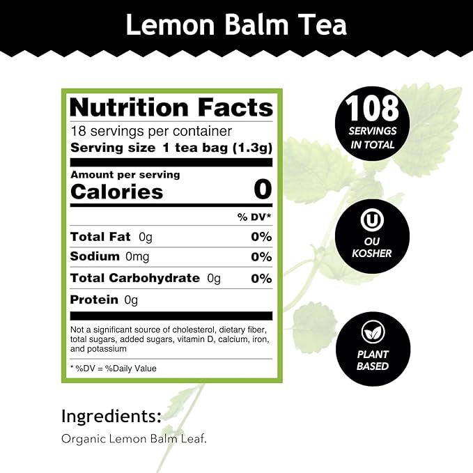 Buddha Teas Organic Lemon Balm Tea - OU Kosher, USDA Organic, CCOF Organic, 18 Count (Pack of 6)