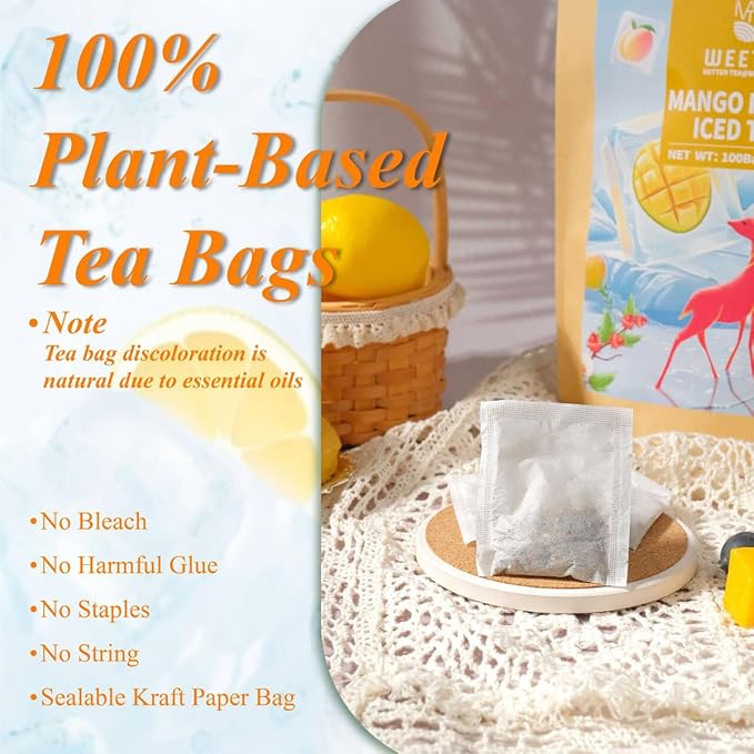 WT WEETEE Mango Peach Iced Tea, 100 Count Cold Brew Tropical Fruit Flavored Iced Tea Bags, Caffeine-Free Herbal Blend Tea of Rosehip, Hibiscus, Hawthorn