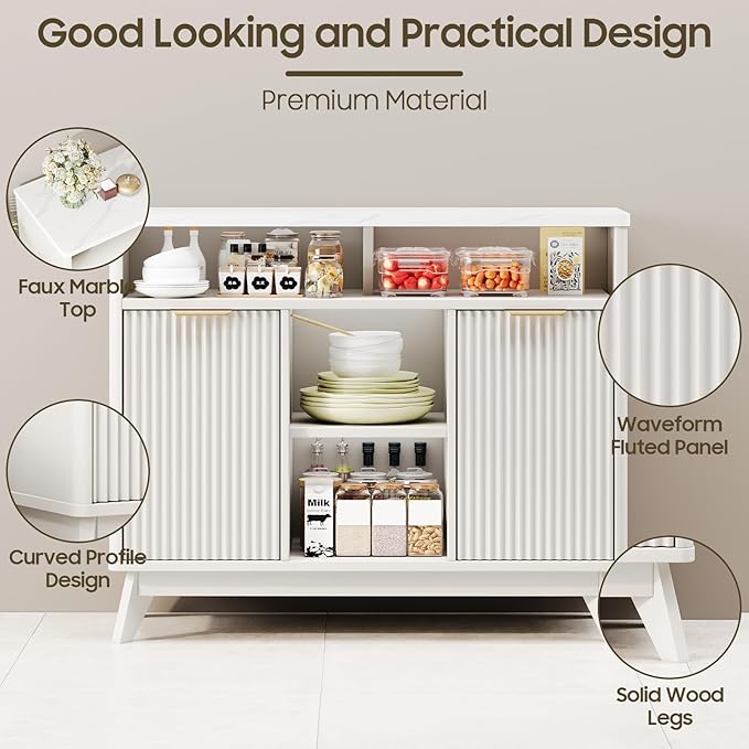 Fluted Storage Cabinet, 39" Sideboard Buffet with Storage, Mid Century Modern Accent Cabinet with Doors and Shelves, Multifunctional Console Table Coffee Bar for Living Room and Kitchen, White