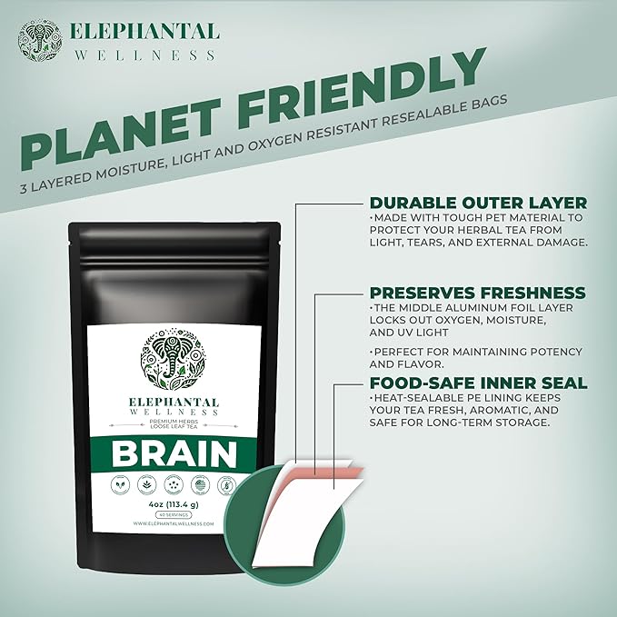 Elephantal Wellness Premium Brain Herbal Tea | Botanical Blend with Ginkgo, Bacopa, Ashwagandha & Gotu Kola | Handmade, Caffeine-Free, Non-GMO Loose Leaf Herbal Tea, 4oz Loose Leaf, 40 Servings