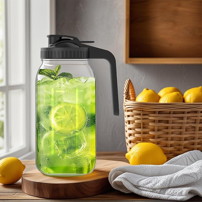 3-Pack 64oz Glass Mason Jar Pitchers with Leak-Proof Lids and Handles – Wide Mouth Design for Sun Tea, Cold Brew, Lemonade, Juice, Iced Tea, and Water